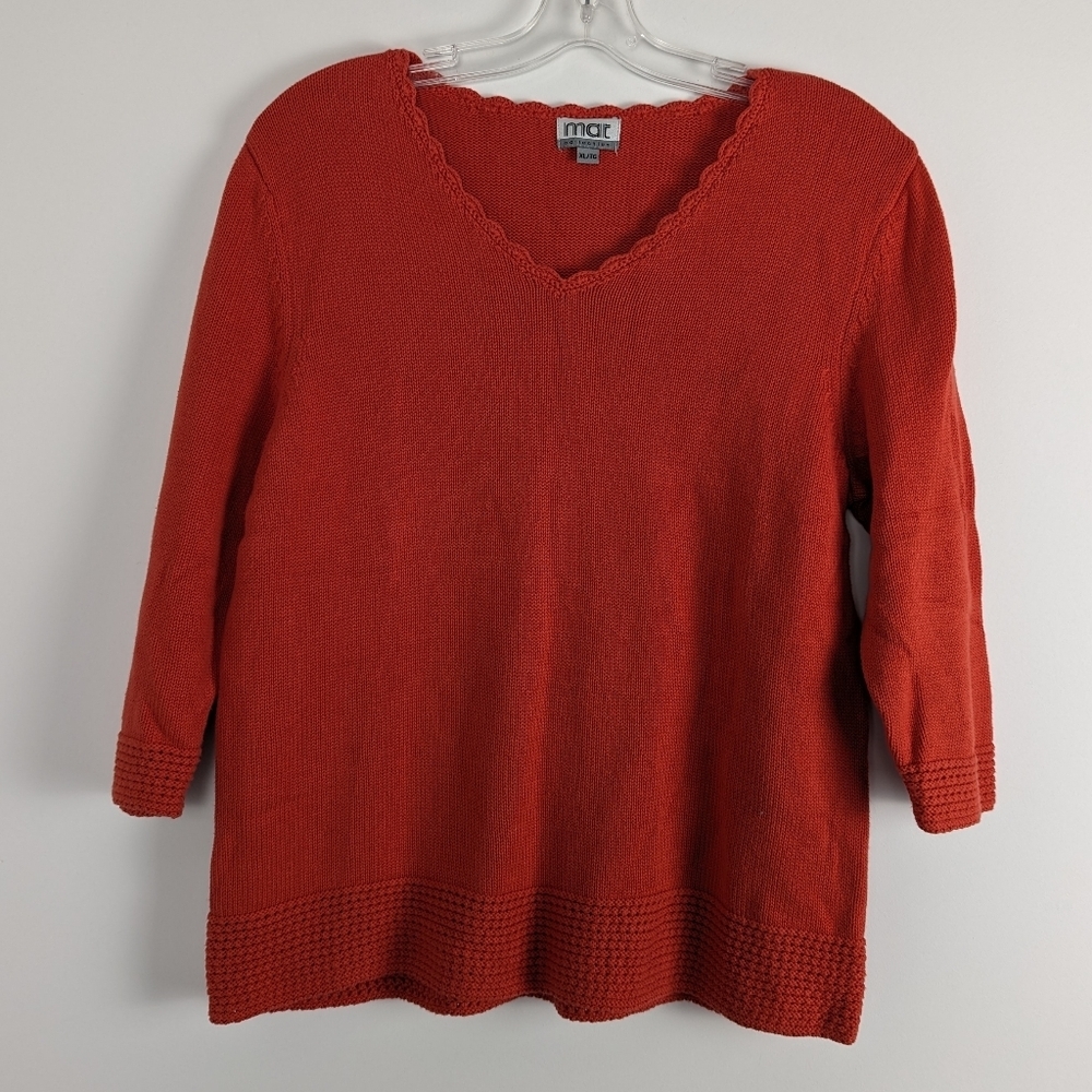 Vibrant Coral Knit Sweater XL - 100% Cotton Scallop Hem by Mat Collection